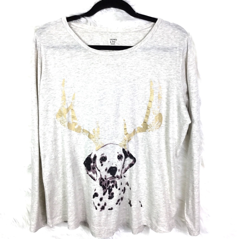 Crown & Ivy Women Christmas Tee Dog long sleeve Tee size 1XL